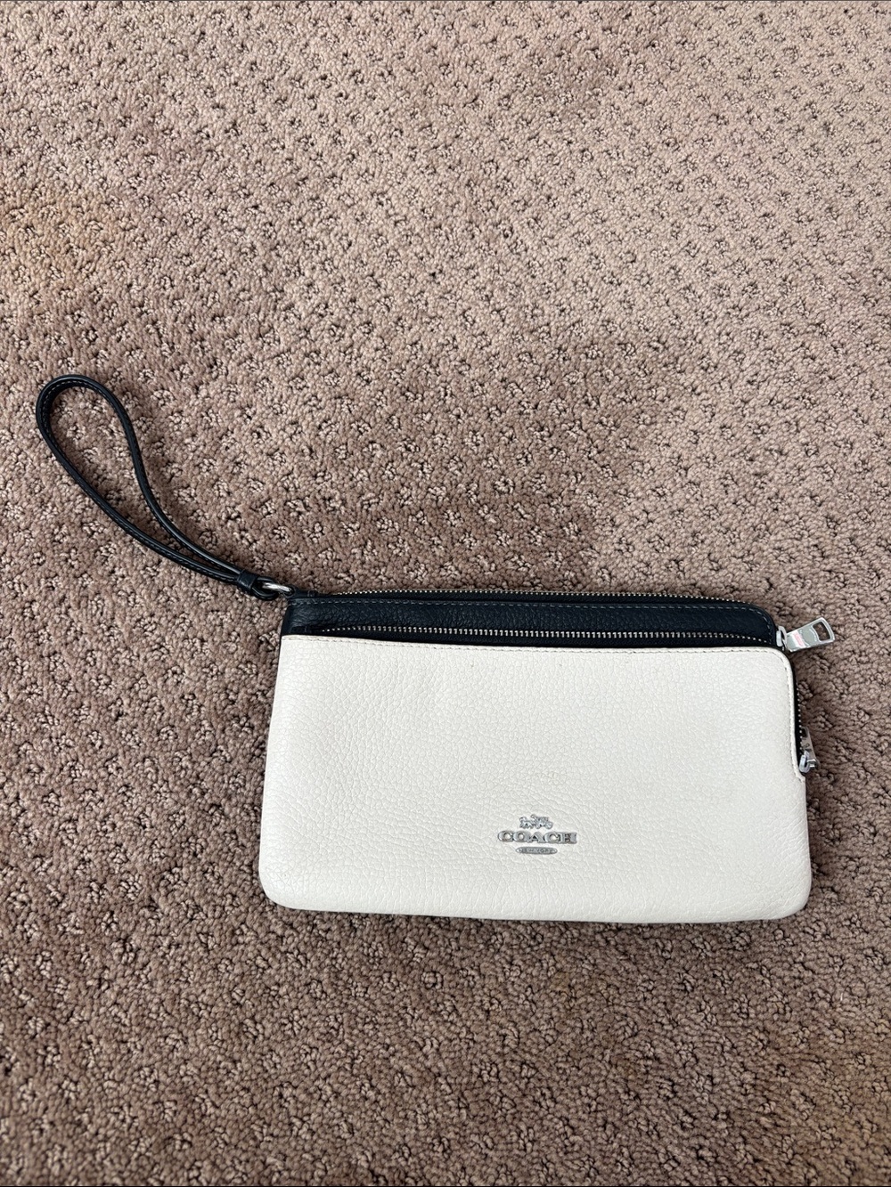 Coach White Pebbled Leather Wristlet with Black Trim